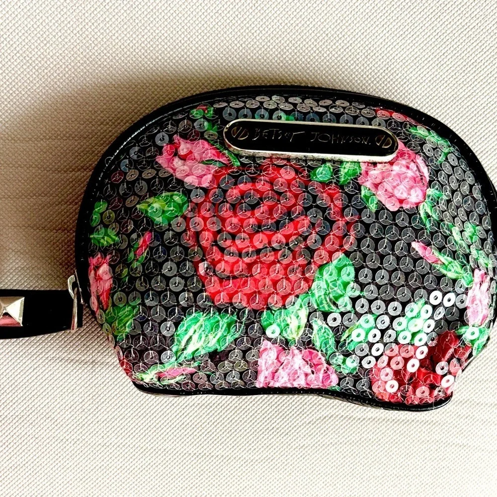 🌹Betsey Johnson Sequin Rose Floral Makeup Bag with Leopard Print Interior